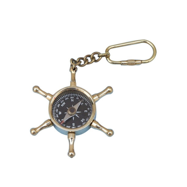 Hampton Nautical Brass Ship's Wheel Compass Key Chain Decorative