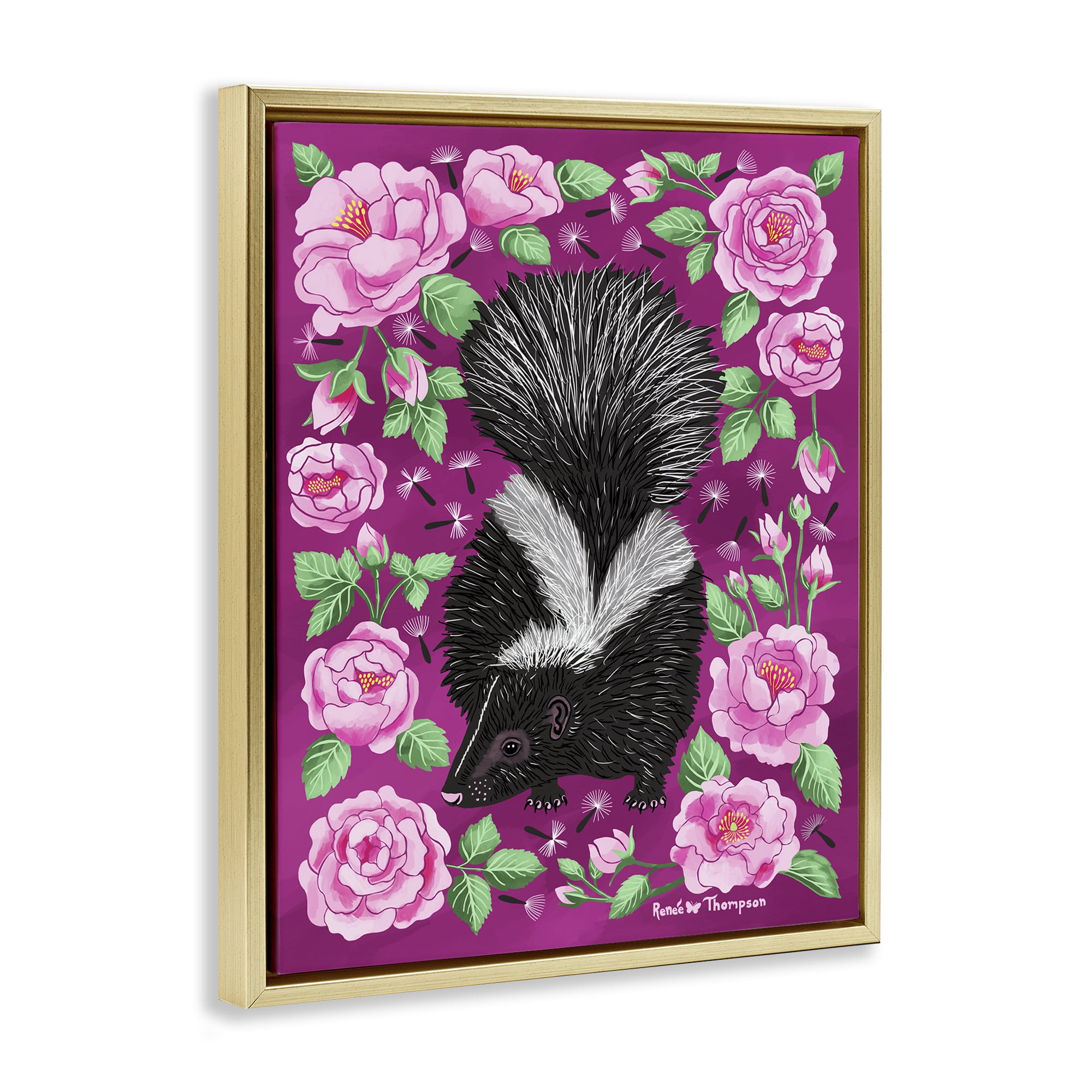 Stupell Industries Skunk & Rose Blossoms Animals Painting Gold Floater Framed Canvas Art Print Wall Art, 25 x 31