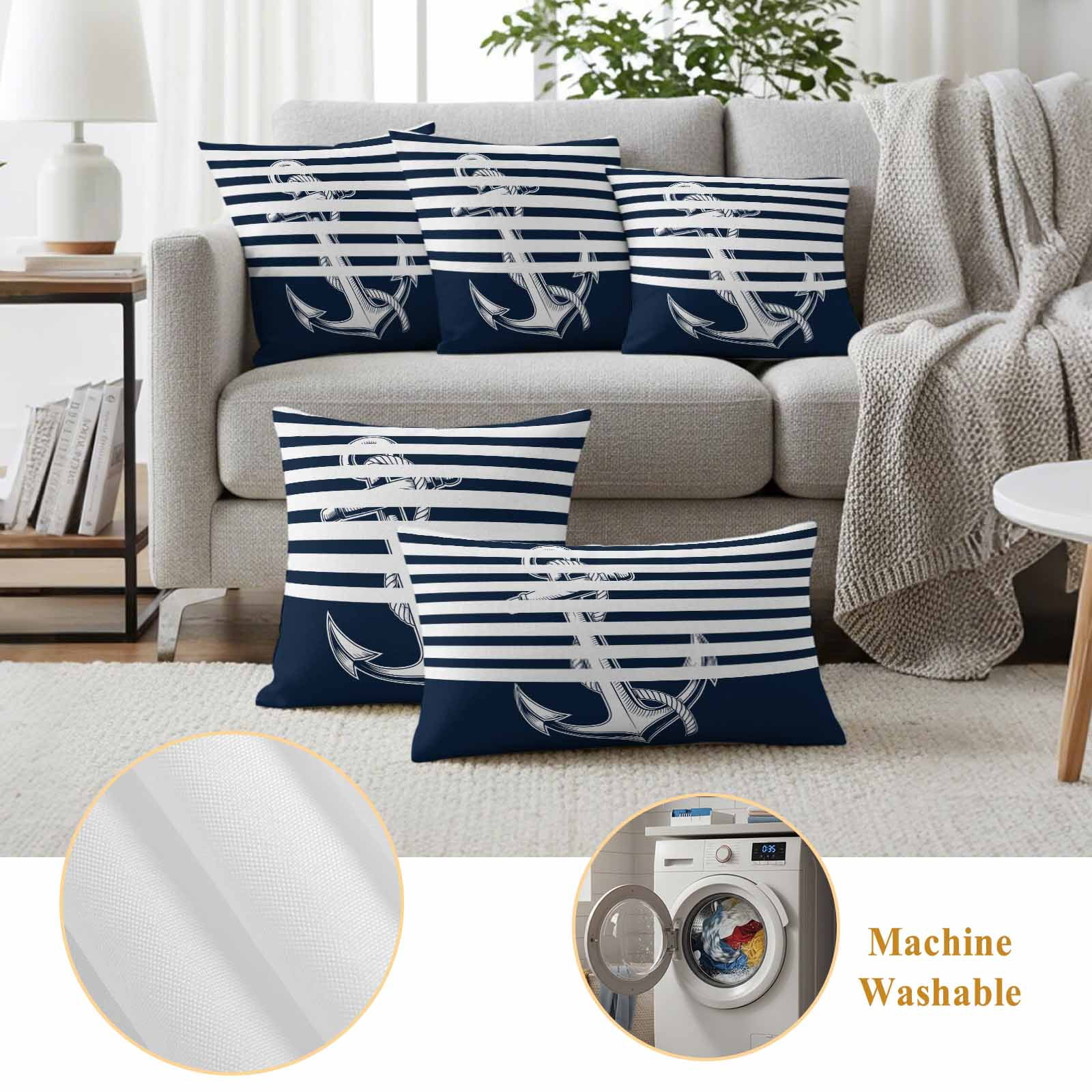 Navy Blue Anchor Outdoor Waterproof Pillow Covers, Nautical Coastal Abstract Art Decorative Square Throw Pillowcase Sofa Cushion Sham for Patio/Couch/Chair, 20"x20" 2 Pack