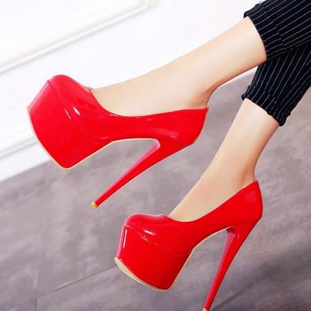 

Women‘s Platform Red Super High Heels Sexy Patent Leather Slip On Stiletto Heels Model Show Party Pumps