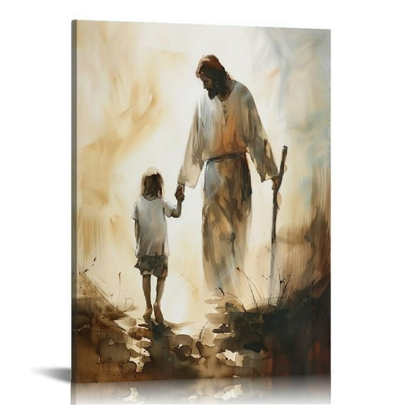 JEUXUS Jesus Wall Art Canvas Religion Pictures Jesus Christ Jesus with Children Art Canvas Religious Canvas Jesus Christ Walking with Child Poster Abstract Jesus  12x16 in
