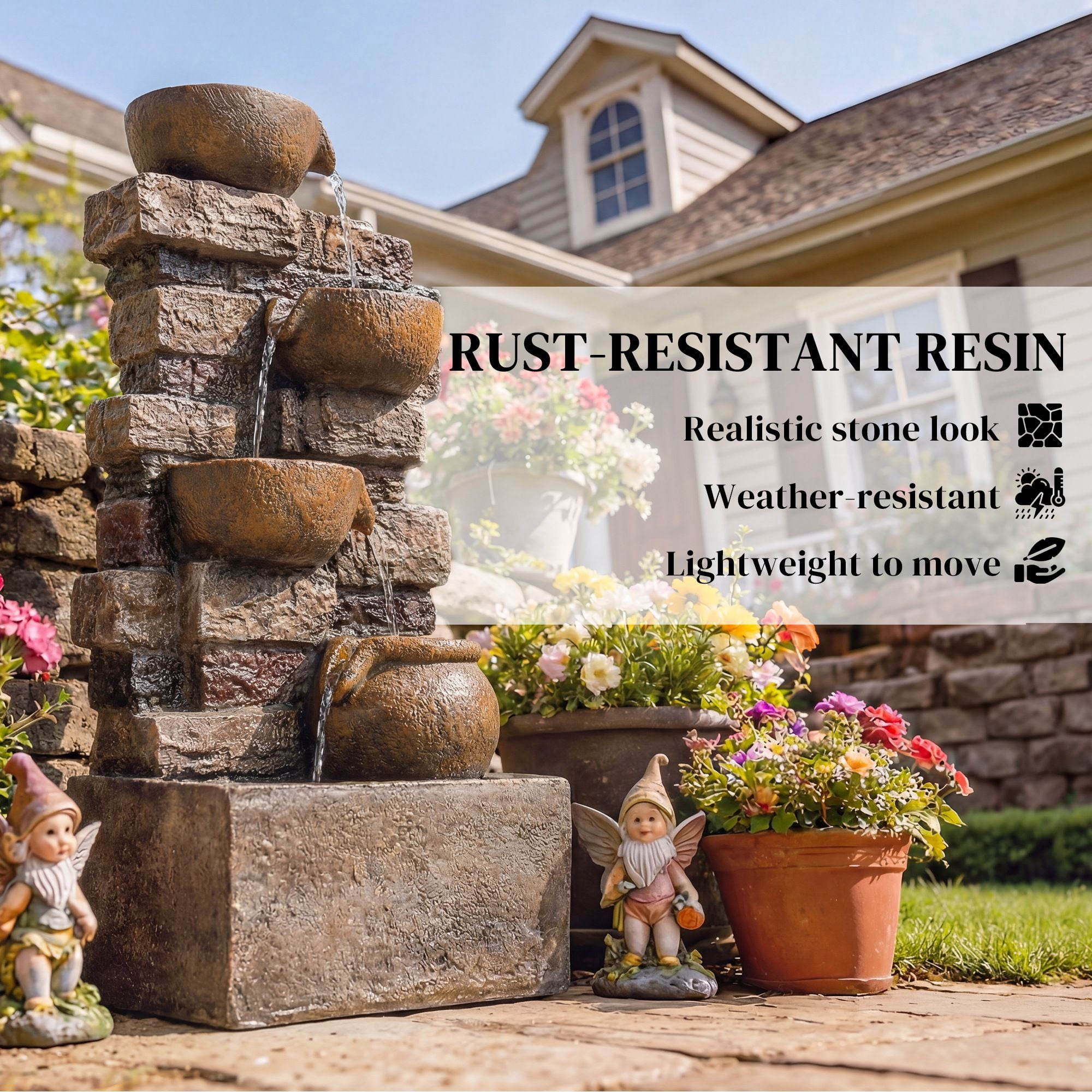 Dranite 28" Outdoor Fountain 5-Tier Rustic Jugs Cascading Waterfall with LED Lights
