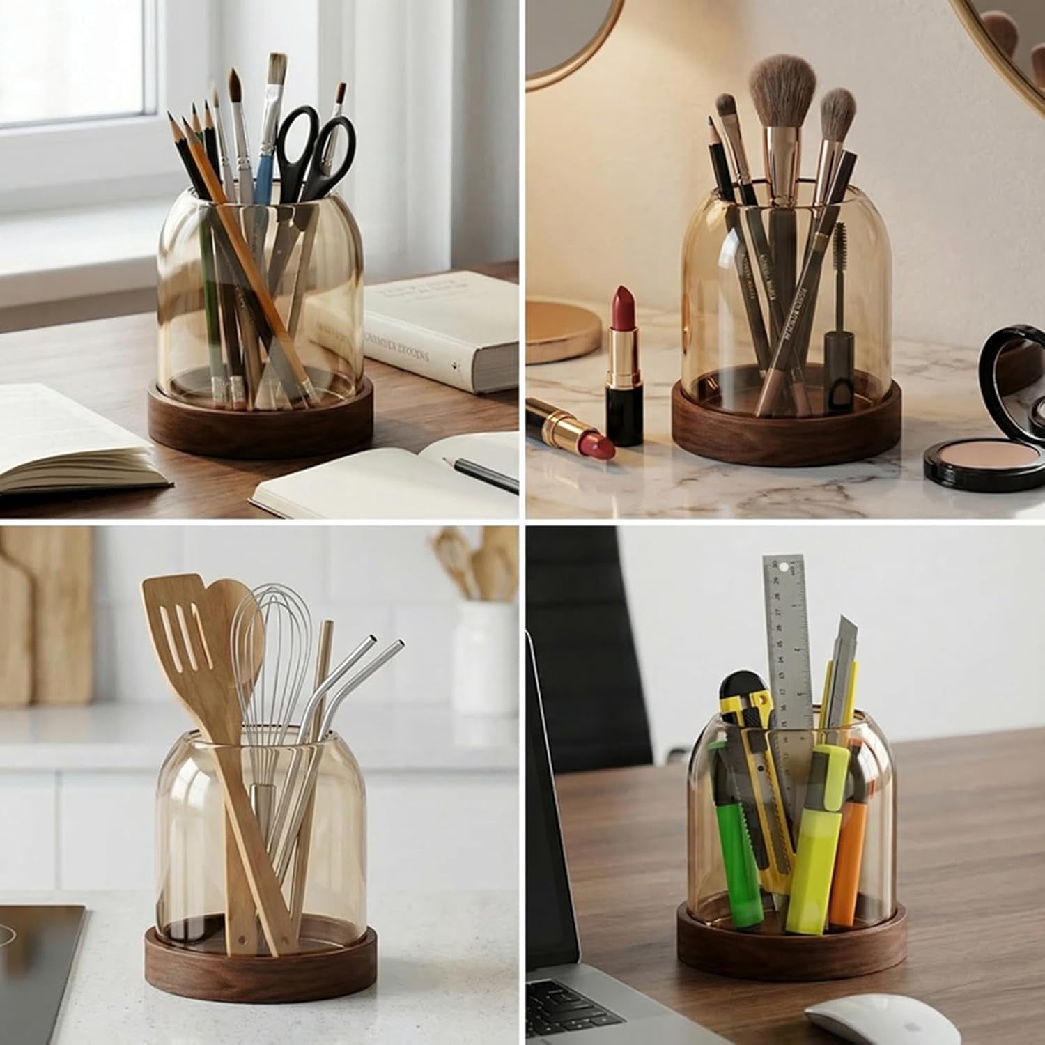 ABPETE Glass Utensil Holder With Wooden Base,Fork And Spoon Set With Wood Handles,Cutlery Caddy For Kitchen Afternoon Tea Ice Cream Cake Stainless Steel (Amber glass-spoon)