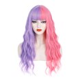 thumbnail image 2 of RightOn 27" Purple Pink Wig Long Curly Wig with Bangs Women Girls Half Purple Half Pink Wig with Rose Wig Cap, 2 of 7