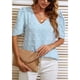 thumbnail image 4 of Top de jacquard con mangas abullonadas y escote en V en azul cielo, camiseta informal de corte holgado - Talla M Summer Chic, 4 of 8