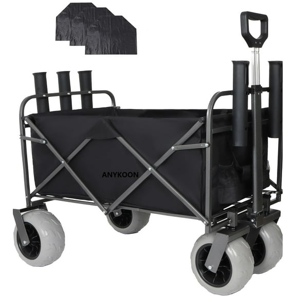 Anykoon 500lbs Capacity Fishing Cart with Rod Holders,Beach Wagon with Big Wheels for Sand - All Terrain Steel Frame Utility Cart with 9" Pneumatic Tires,Strap with multiuse Bag,Black