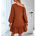 thumbnail image 3 of Vestido de invierno de manga larga con hombros descubiertos, color puro, dobladillo de encaje, vestido informal para mujer para otoño, rojo pardusco S, 3 of 7