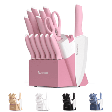 Astercook Knife Set, 14 Pieces Kitchen Knives Set with Healthy Anti-Rust Coating, Stainless Steel Knife Sets with Built-in Sharpener, Sharp & Rust Resistant Dishwasher Safe Pink