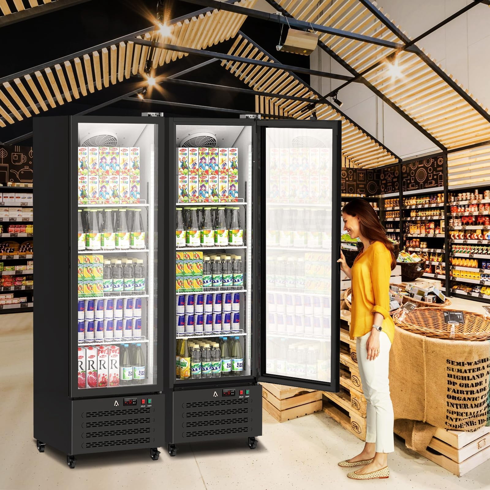 Historyli Commercial Glass Door Display Refrigerator with LED Light, 4 Adjustable Shelves Beverage Cooler, Black
