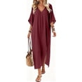thumbnail image 4 of Tqcoqu Women's Beach Vacation Midi Dresses,V Neck Side Slit Kaftan Cover Up Dress,Wine Women's S-XXXL, 4 of 9
