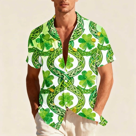 Men's St Patrick's Day Shirt Oversized Shamrocks Printed Lapel Button Down Shirts Summer Collared Hawaiian Beach T Shirts