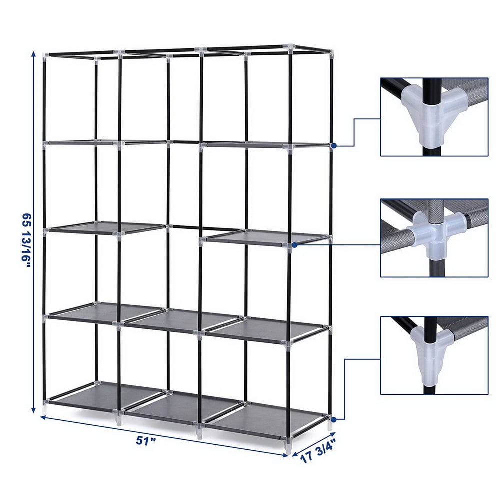 67" Portable Closet Organizer Wardrobe Storage Organizer with 10 Shelves, Gray