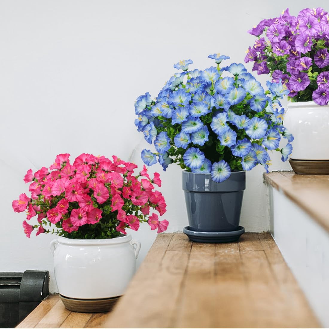 24 Bundles Artificial Morning Glory Fake Boxwood Shrubs UV Resistant No Fade Faux Greenery Plants for Indoor/Outdoor Hanging Planters, Home Garden, Porch, Patio Wedding Decor (Blue)