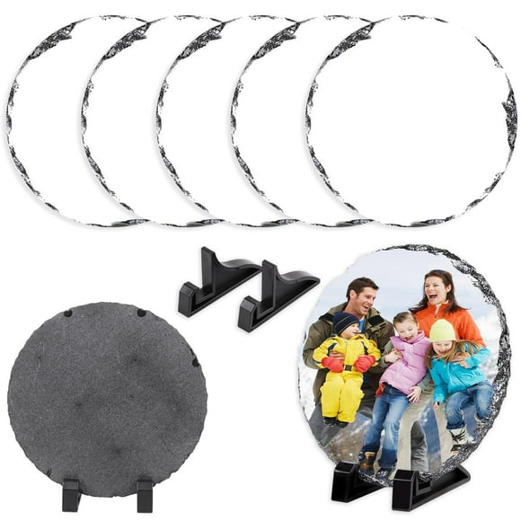 5 Pack Sublimation Slate Blanks Custom Stone Slate Picture Frame Heat Transfer Rock Photo Plaque 5.91x5.91 Inch Round with Display Stand Decoration for Desktop Souvenir DIY Personalized Gift