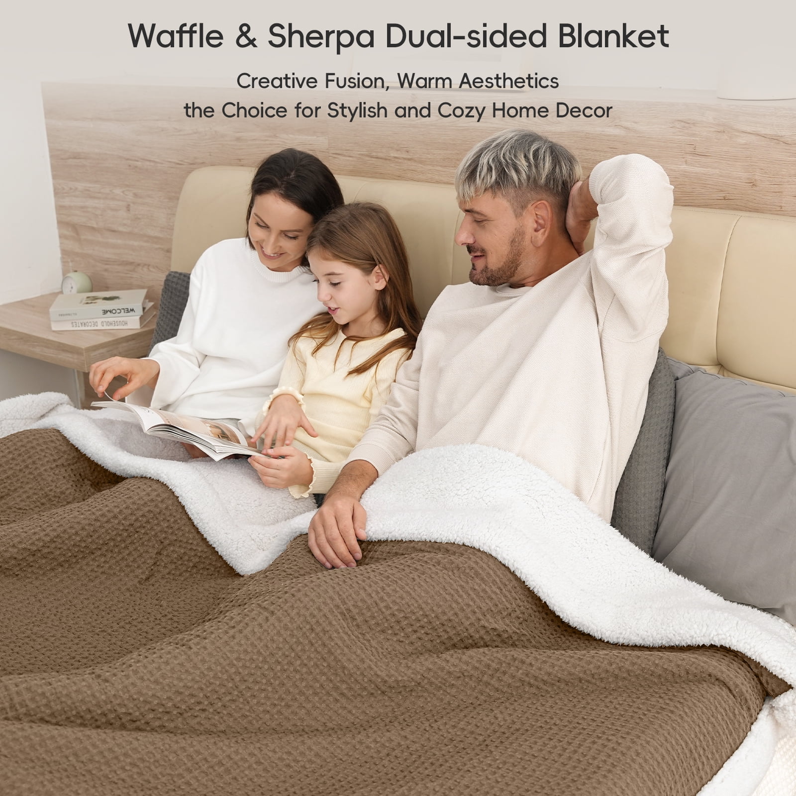 PHF Waffle Sherpa Bed Blanket King Size, Cozy Warm Reversible Plush Flannel Blanket for Winter, 104" x 90", Mocha