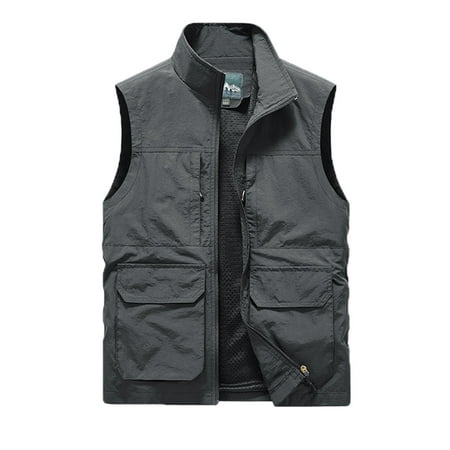 Olyvenn Men s Lightweight Outdoor Sports Vest with Detachable Hood Multi-Pockets Quick-Drying Breathable Mesh Lining Stand-Up Collar Fishing Travel Waistcoat Gray 4