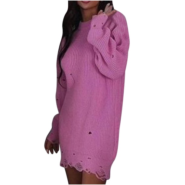 Vestido de Suéter Para Mujer Suéter de Punto Otoño Invierno Manga Larga Cuello Redondo Aguja Gruesa Dobladillo Vestido Irregular Odeerbi ODB176524