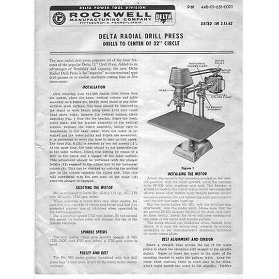Instruction Manual ONLY for Delta Rockwell 11-280 Radial Drill Press 32" Instructions REPRINT