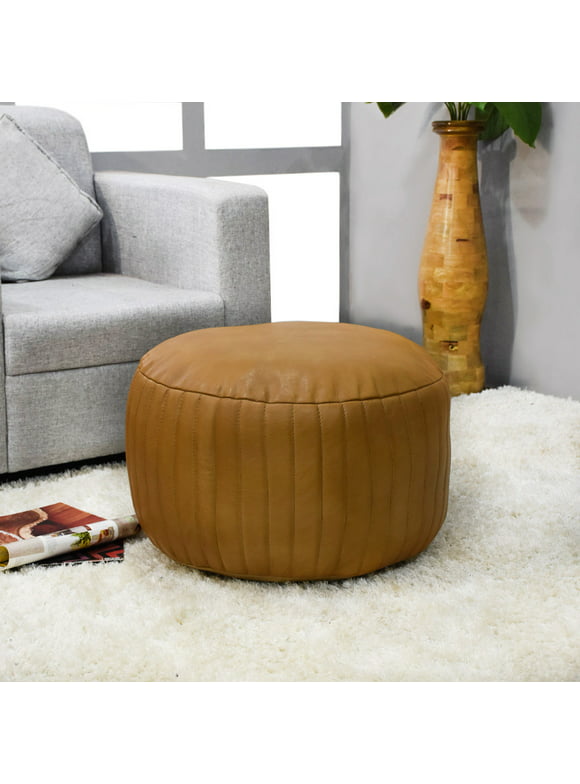 Solid Handmade Goat Leather Round Pouf (Recycled Cotton Fill) Beige Color 21"x21"x12"