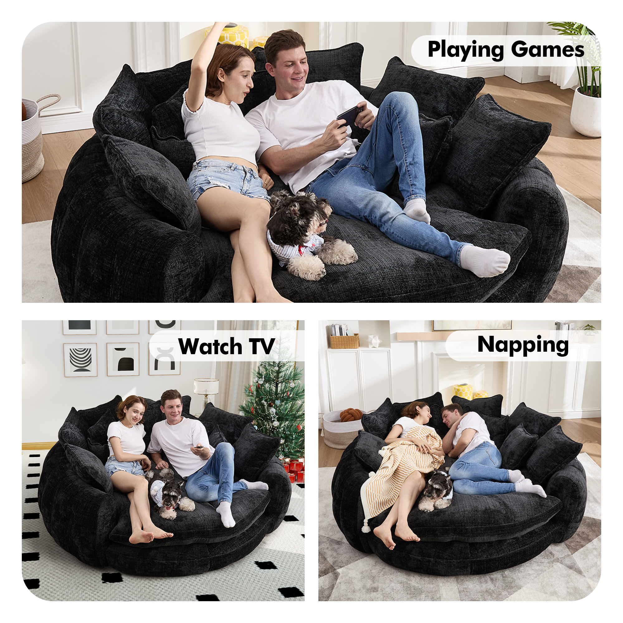 Aukfa 81" Oversized Round Chaise Lounge Sofa Bed, Modern Chenille Cloud Couch with Deep Seat, 14 Pillows, Assemble-Free, Black