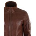 thumbnail image 5 of Mens Real Leather Bomber Jacket Smart Casual Blue Brown High Elasticated Neck, 5 of 7