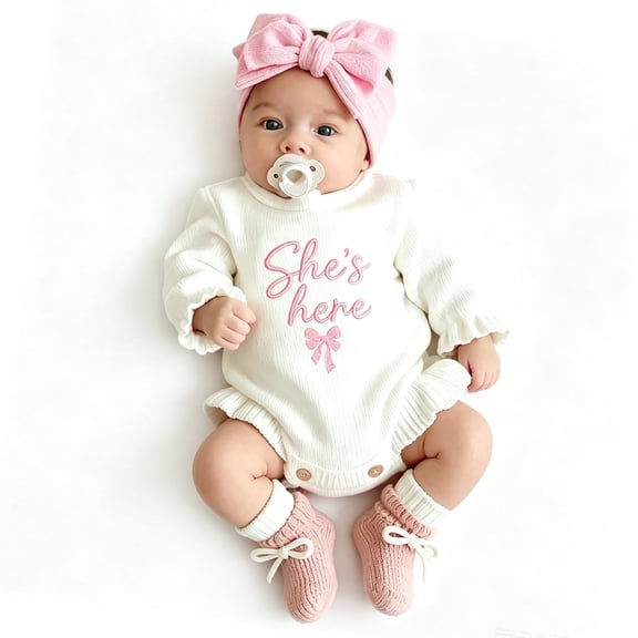 Ylsteed Newborn Embroidery Knitted Ruffle Trim Romper with Bow Headband Soft Sweater Photography Outfit Daily Casual Wear for 0-3 Months Baby Girl Casual Wear