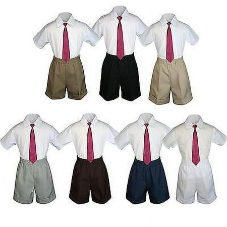 

3pc Set Boy Toddler Formal Party Burgundy Necktie White Black Khaki Shorts S-4T