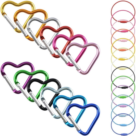 24Pcs 12 Colors Heart Shape Keychain Clip Aluminum Alloy Trigger Spring Keyring Buckle with 13pcs Metal Wire Ring Snap Hooks Carabiner Clips for Keys, Lanyard, Charm, Jewelry