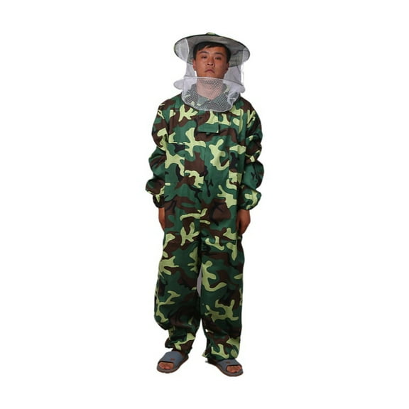 Professional Bee Suit with Round Hood Veil- Thick Cotton Bee Suit Sting-Less Protection Pro Beekeeper Suit Bee Keeper Suite Trajes De Apicultura Beekeeping Coverall green camouflage 2xL