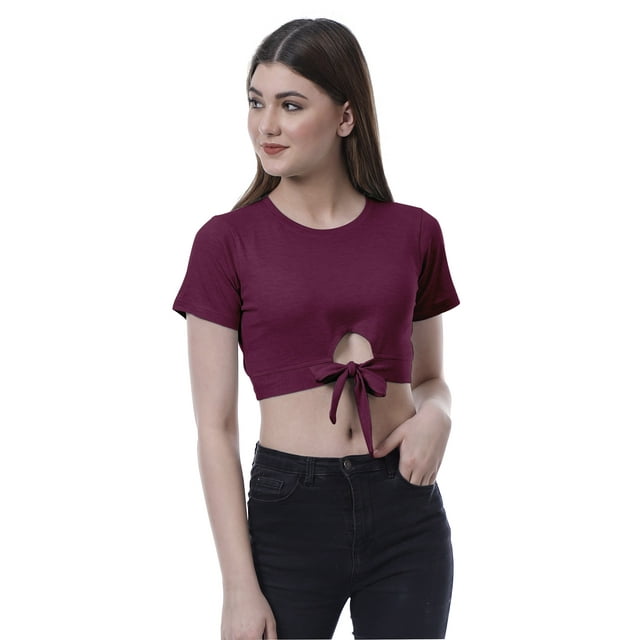 Moomaya Haut Court Noué devant pour Femmes Manches Courtes Col Rond Tee-Shirt Noué