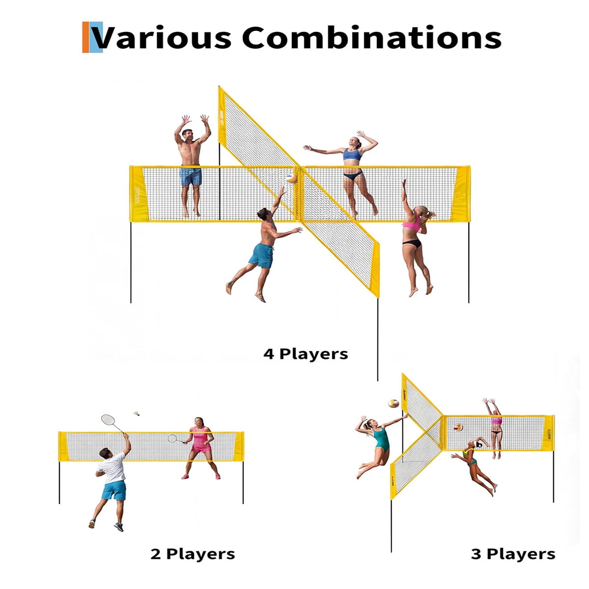 Ataucjin 4 Square Volleyball Game Set, 3 Heights Adjustable (5'/6'4”/7'11”), 14 FT 4-Way Volleyball Net with Portable Carrying Bag, Ideal for Beach Lawn Family Fun