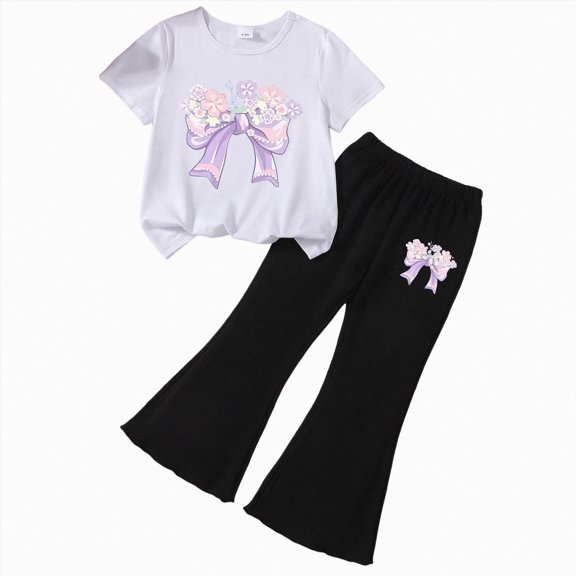 UngA Kid Girls Clothes 2 Piece Outfit Heart Short Sleeve T-Shirts & Flare Leg Pants Spring Summer for Toddler Girl Cute Set,4-5 Years