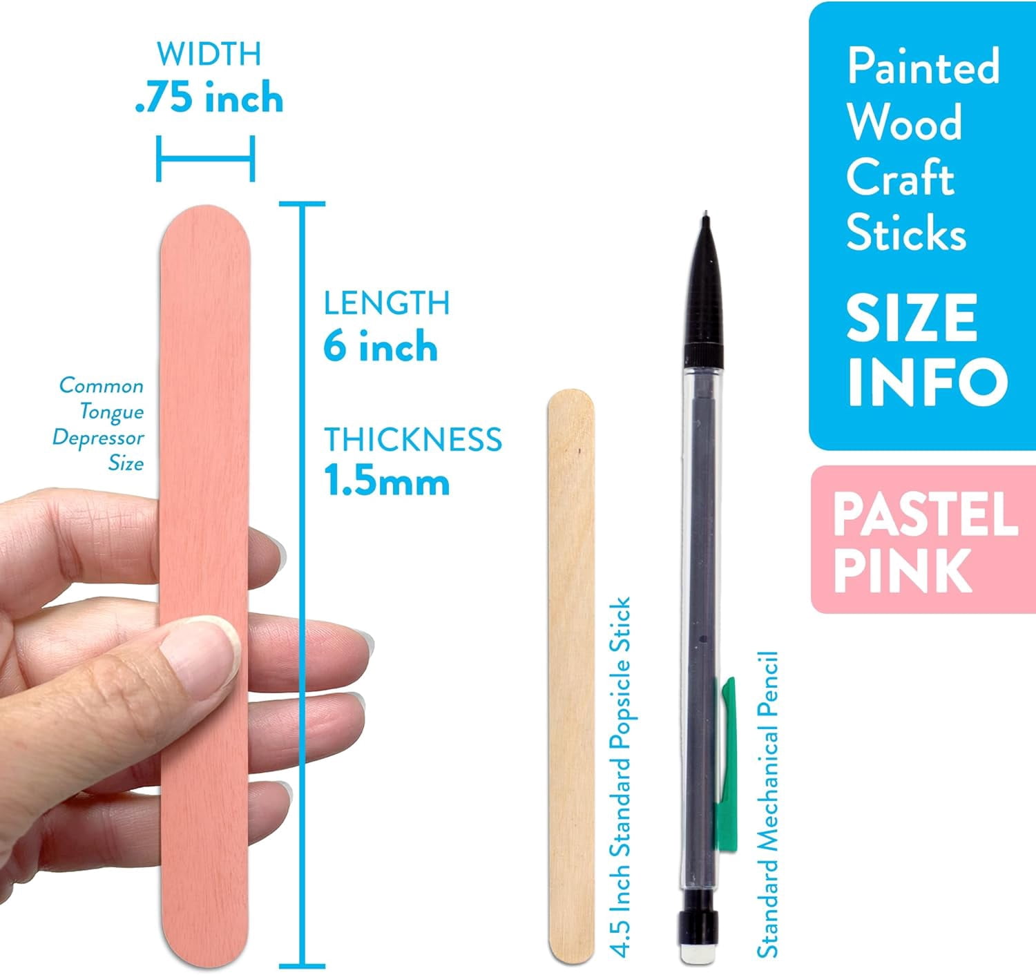 CraftySticks- 300 Pack 6 Inch Pastel Pink Painted Wood Craft Sticks, Jumbo Popsicle Sticks for Crafts, Learning and STEM Basics