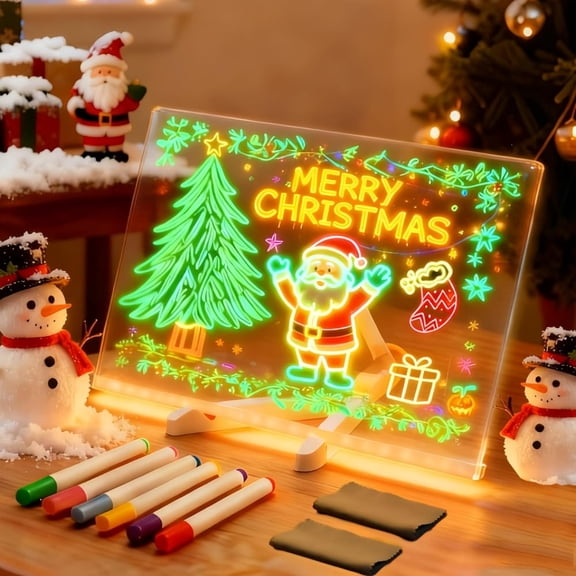 Aezusy LED Drawing Board for Kids, 11.8" x 7.9" Light Up Acrylic Message Board with Stand and 7 Neon Markers, USB Powered Glow Doodle Board for Girls Boys, Home, School Gifts