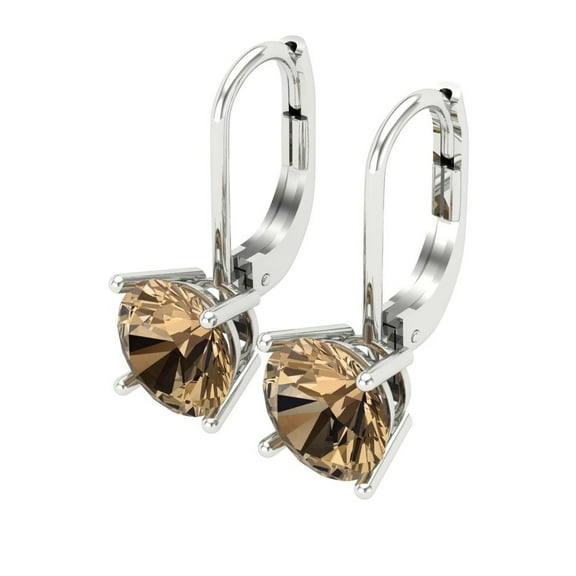 4 Ct Round Cut Drop Dangle Champagne Crystal 18K White Solid Gold Everyday Dainty Earrings Lever Back