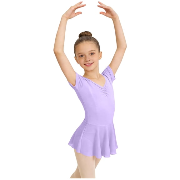 CHEEREAM Girls Dance Leotard Dress Lightweight Quick Dry Outfit Kids Short Sleeve Ballet Skirted Stretchy Dresses for Dance Class