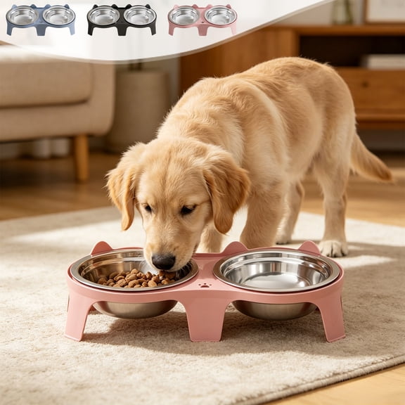 AYktou Elevated Cat Bowls, Raised Cat Food and Water Bowl Set for Indoor Cats, 2 Stainless Steel Dog Bowls Pet Food Bowl with Iron Frame, Splash Proof Non-Slide Pet Tray Kitty Bowls for Cats Puppies