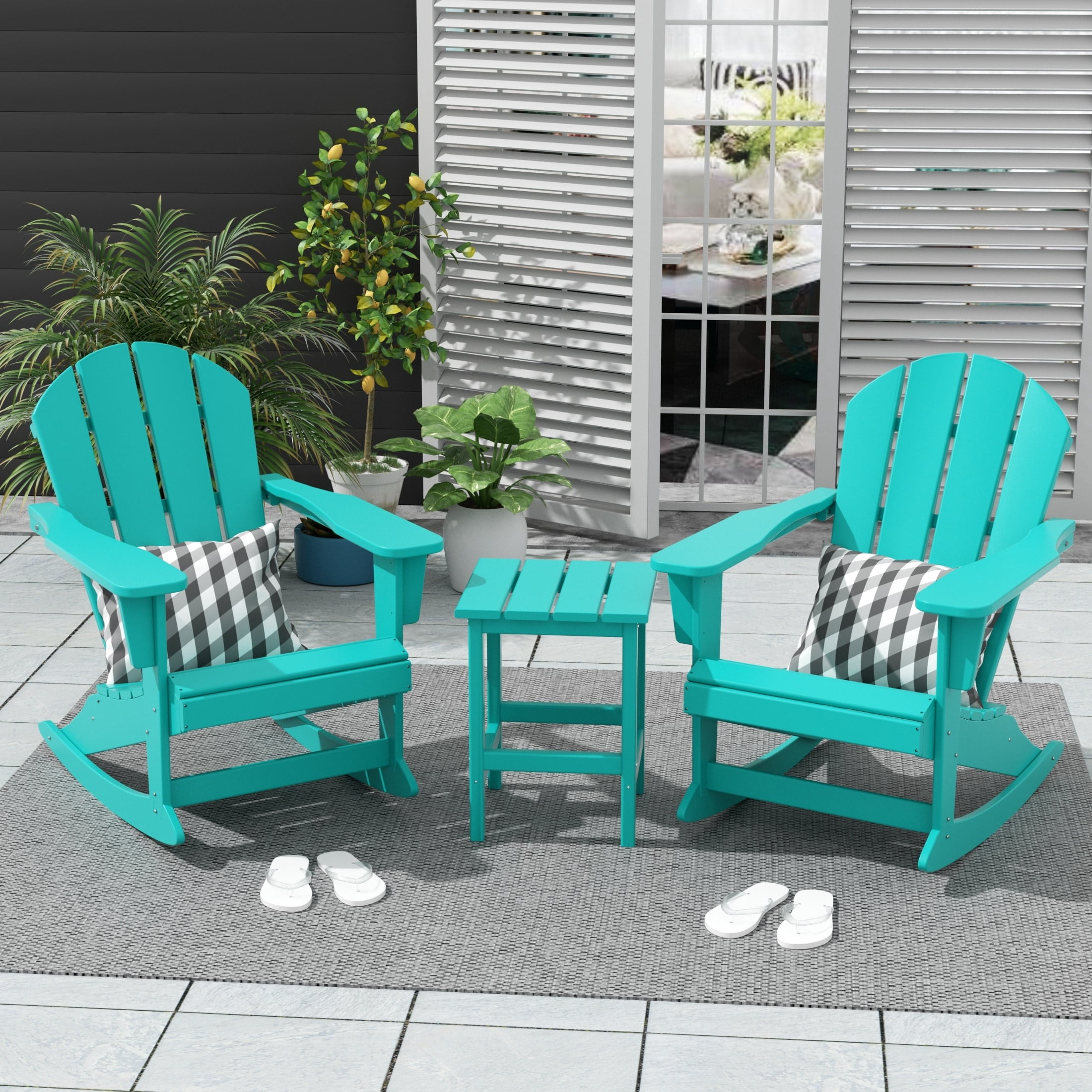 Polytrends  Laguna 3-Piece Poly Adirondack Rocking Chairs and Side Table Set Turquoise