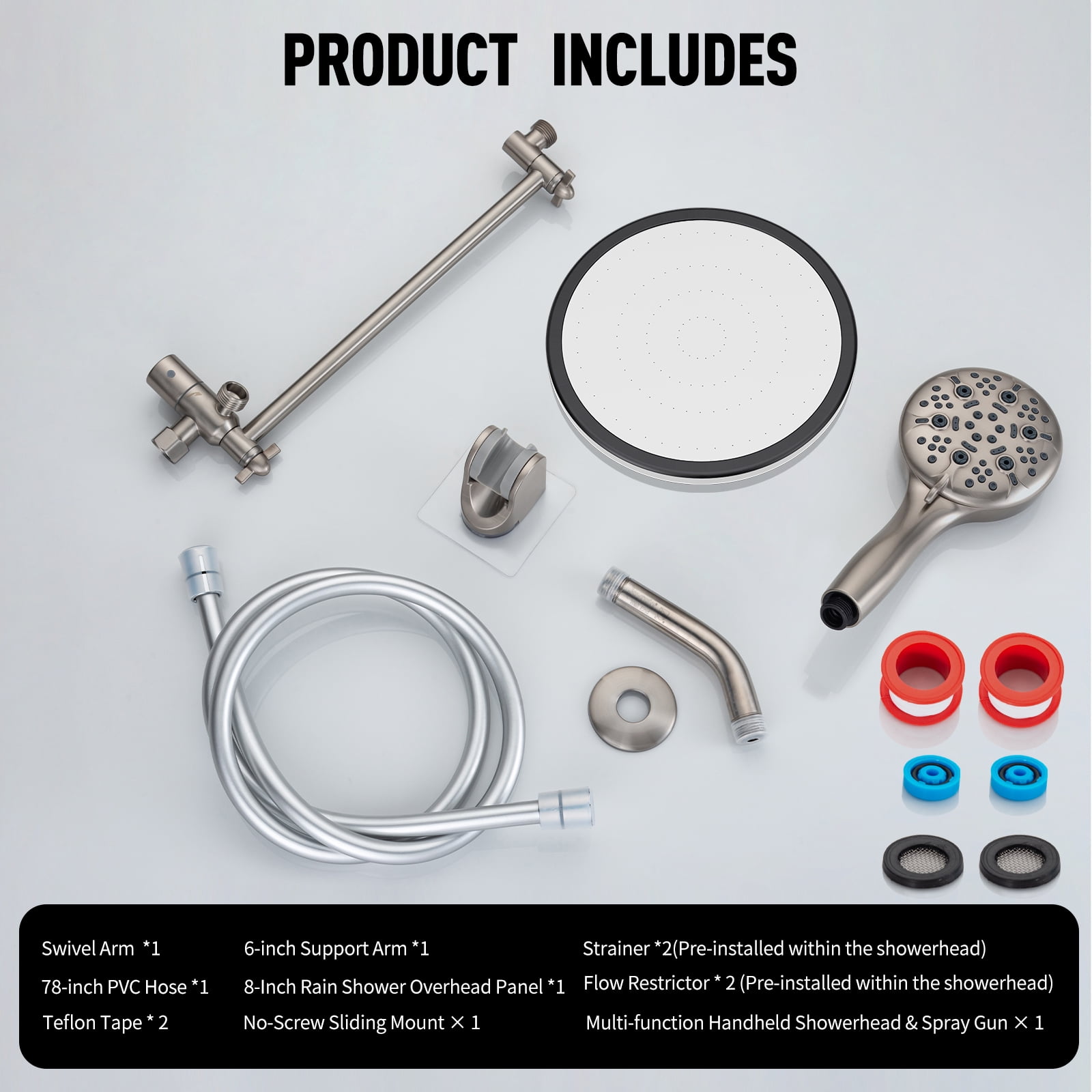 Joyrain 8-inch Rain Overhead Shower with Handheld High-pressure Shower Head, 8 Spray Modes, Rain Shower Combination with Adjustable Metal Extension arm, Adjustable Height and Angle for Whole Family