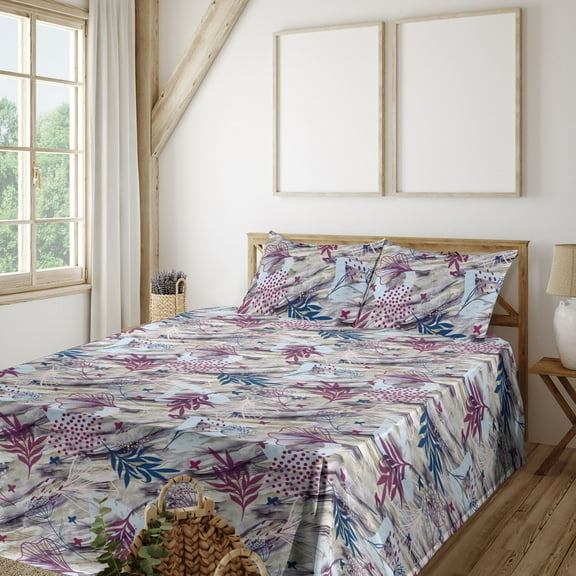 Ambesonne Floral Fitted & Flat Sheet with Shams 4 Pcs Set, Grunge Leafy Pattern Meadow, King, Soft Blue Indigo and Plum