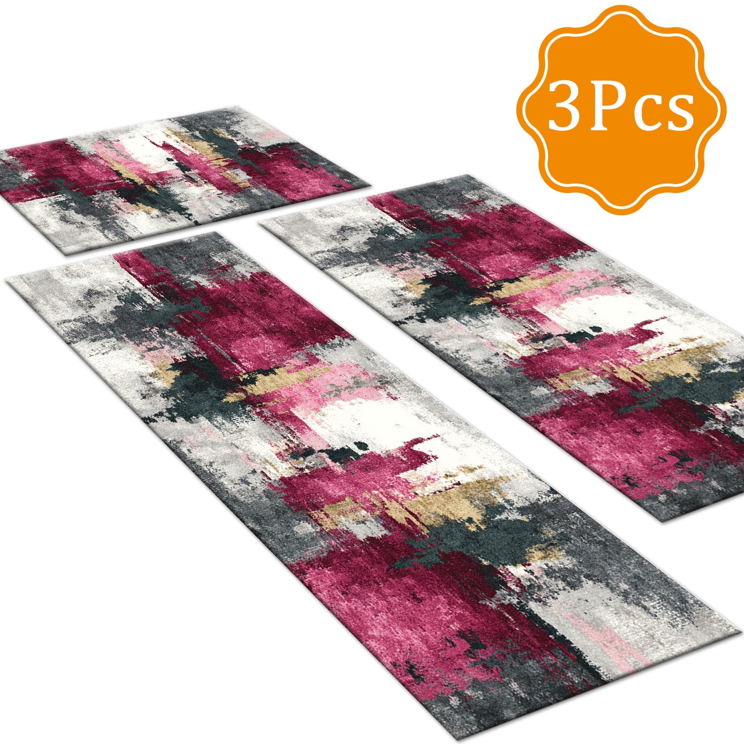 3 Piece Kitchen Rug Set, Non-Slip And Washable, Abstract Pattern Kitchen Hallway Rug, Soft And Comfortable, Suitable For Sinks, Floors, Entrances, Hallways and Bathrooms