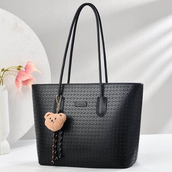 PORT&LOTUS Large Capacity Designer Handbag for Women Woven Designer Handbag for Women with Shoulder Strap Women's Top-handle Handbags with a Bear Charm