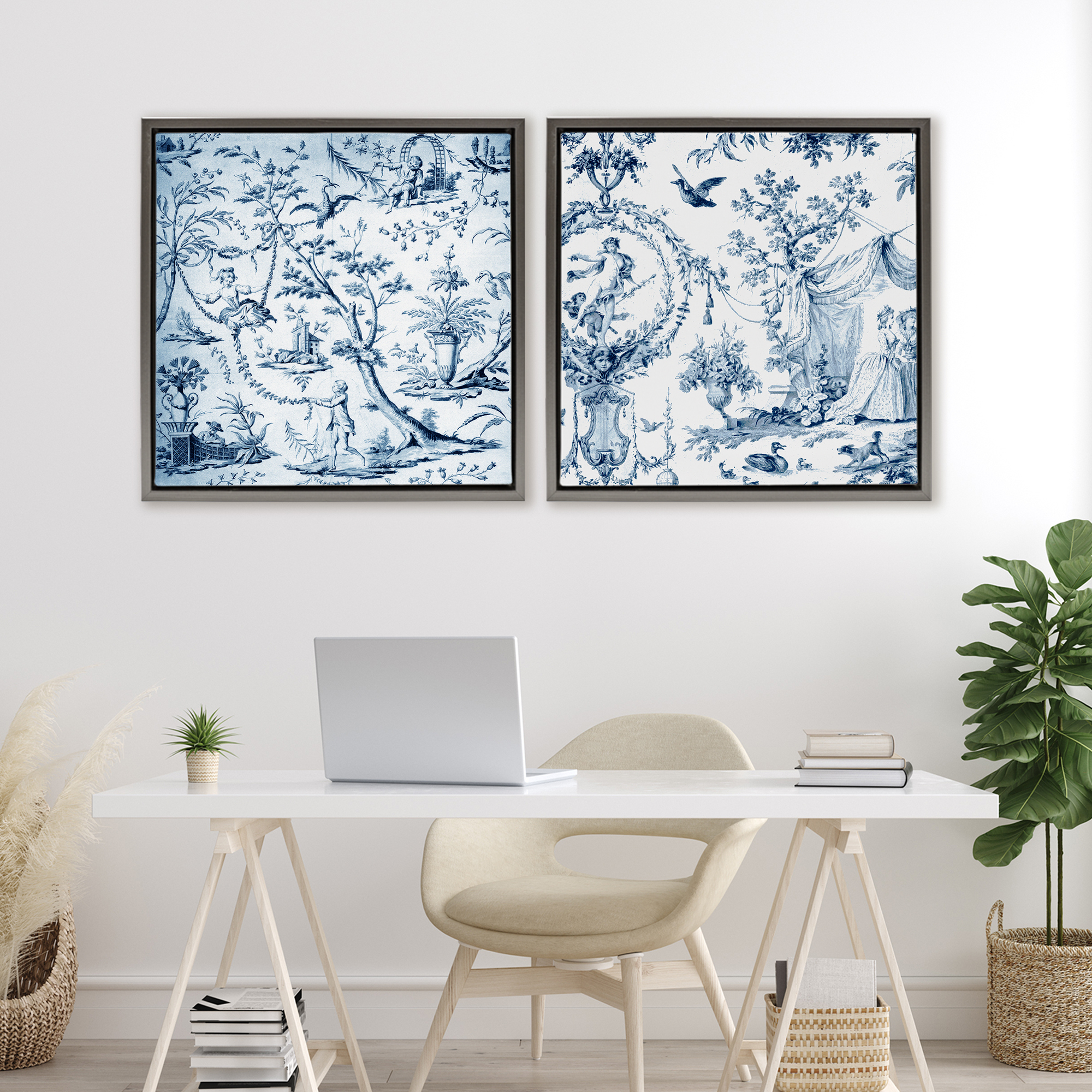 Intricate Toile Scenery 2 Piece Gray Framed Floater Canvas Set, design by Vintage Hustle