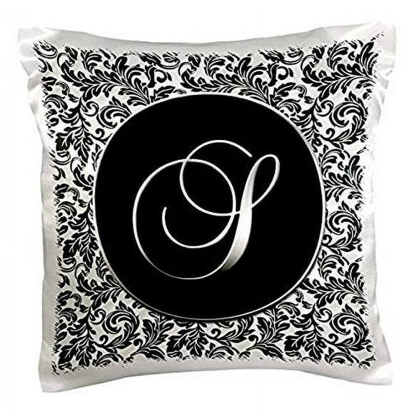 3dRose Letter S - Black and White Damask, Pillow Case, 16 by 16-inch