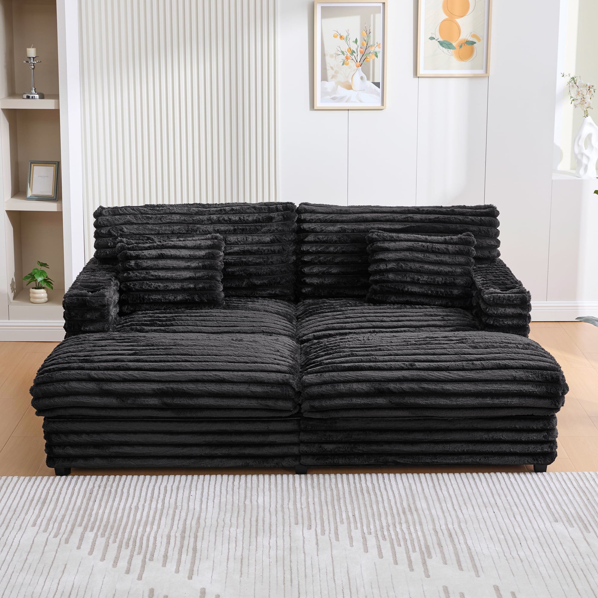 Euroco Oversized Double Chaise Lounge Sofa 83.5" Sofa Bed Cloud Couch Plush Upholstered Sleeper Sofa Daybed with Two Supportive Pillows, USB Ports and Cup Holders for Living Room, Black