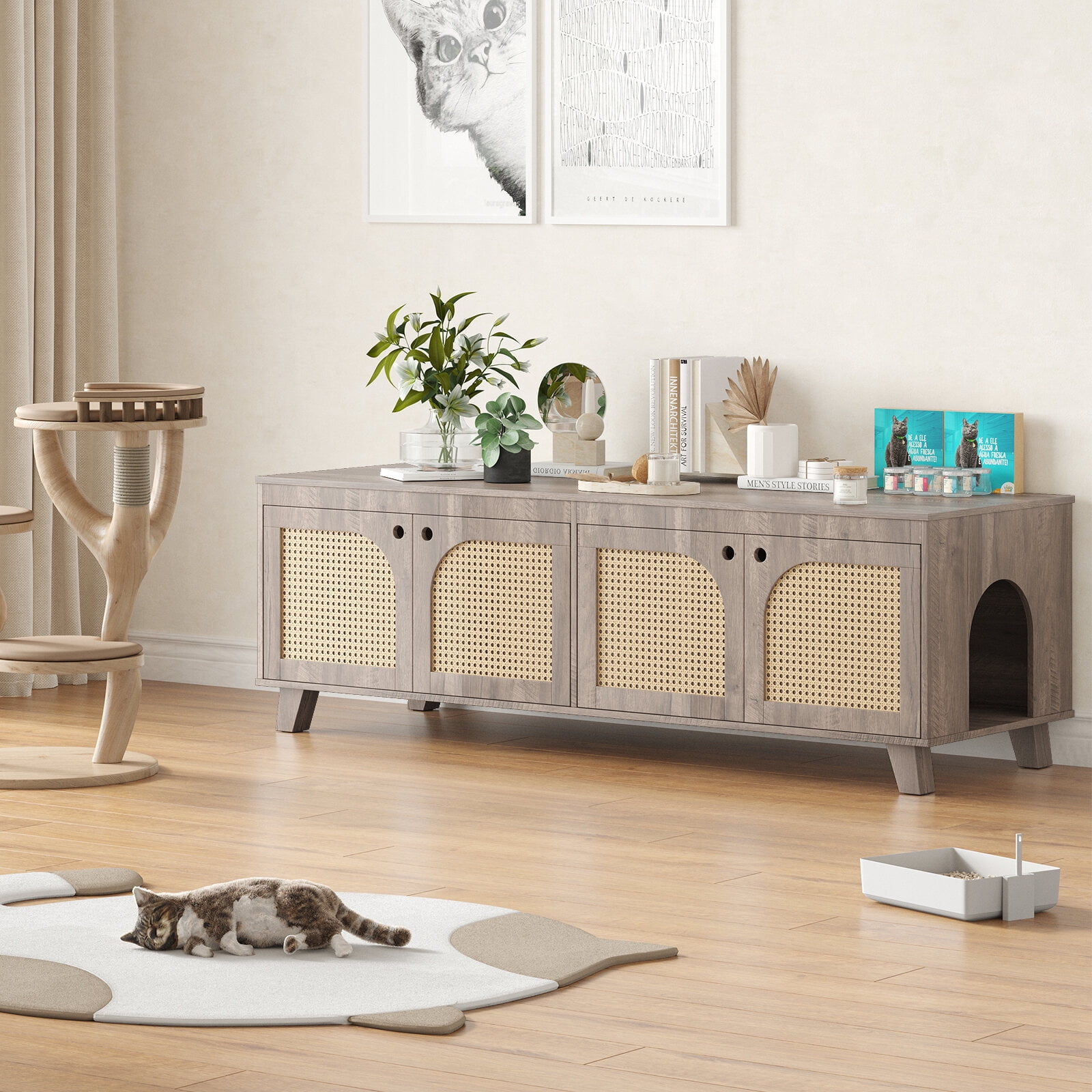 Orthopedic Dog Bed, Double Hidden Cat Litter Box Enclosure Furniture Cabinet with Rattan Decorated Doors for Two Cats, Two Entrances, Grey Dog Bed,Engineered Wood Cat Bed