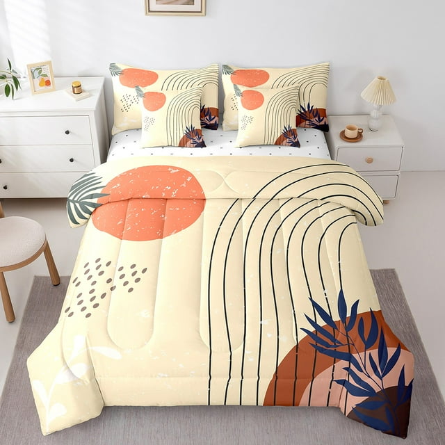 YST Retro Minimalism Comforter Set, Queen Size, 7-Piece, Mid Century, Abstract Art, Geometric Lines Stripes, Red Sun Prints