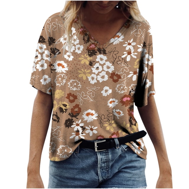 Pompotops Chemises à Imprimé Floral Tournesol pour Femmes Été Manches Courtes Col en V T-Shirts Graphiques Amples Mode Décontractée