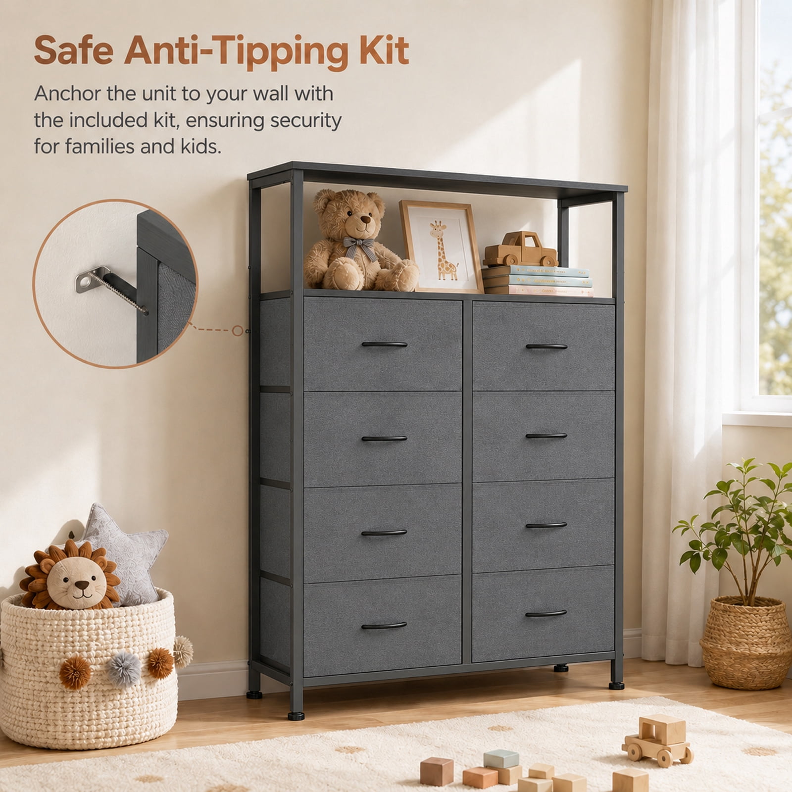 Alvantor 8-Drawer Fabric Dresser with Open Shelf, Chest of Drawers, Steel, MDF, Storage Organizer Unit, Closet, Entryway