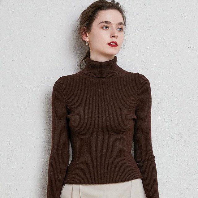 Suéter de mujer Otoño e Invierno Suéter de lana engrosado Cuello alto Jersey de barra de tiro Solapa corta Camisa de base de punto entallada